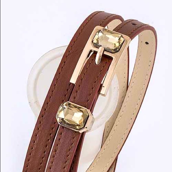 Brown Leather Bejeweled Skinny Statement Belt - Picture 2 of 2